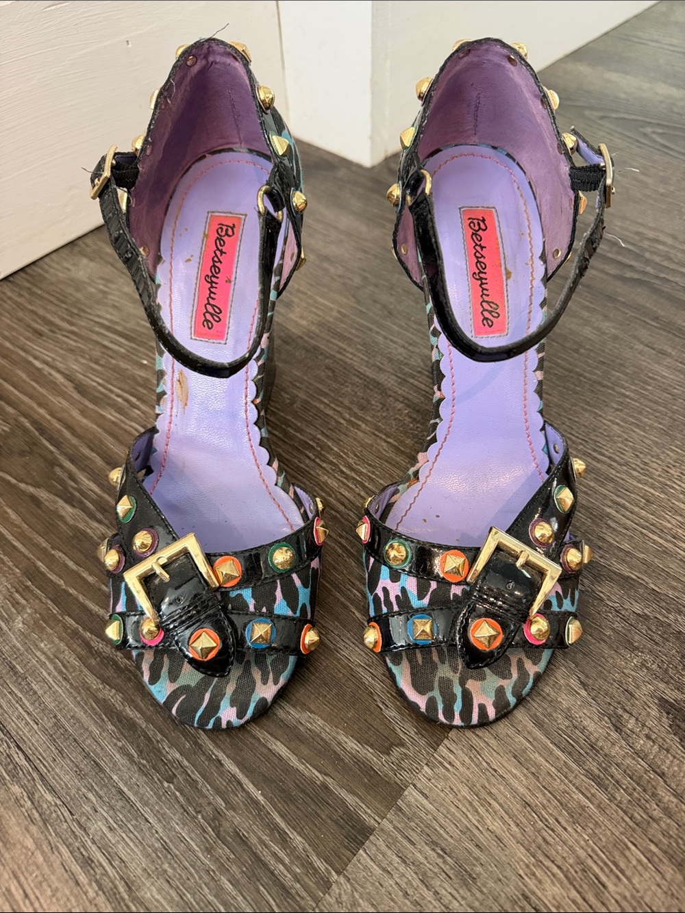 Betsey Johnson Purple Insole Multicolor Studded Ankle-Strap Heels